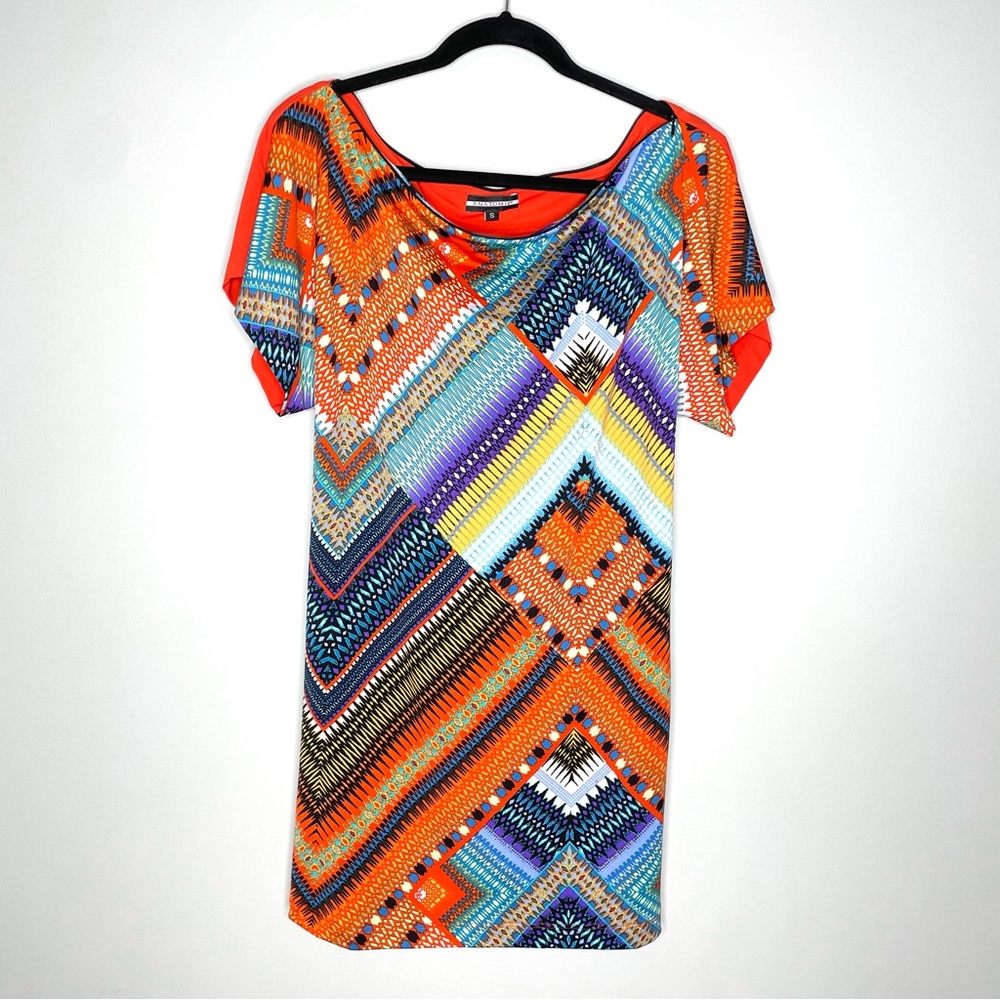 Anatomie Multicolor Stretchy Travel Mini Dress Geometric Patterns Red Size S